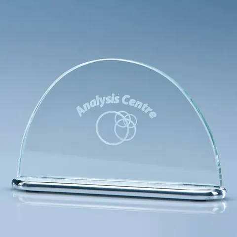 Clear Glass Half Moon on an Aluminium Base