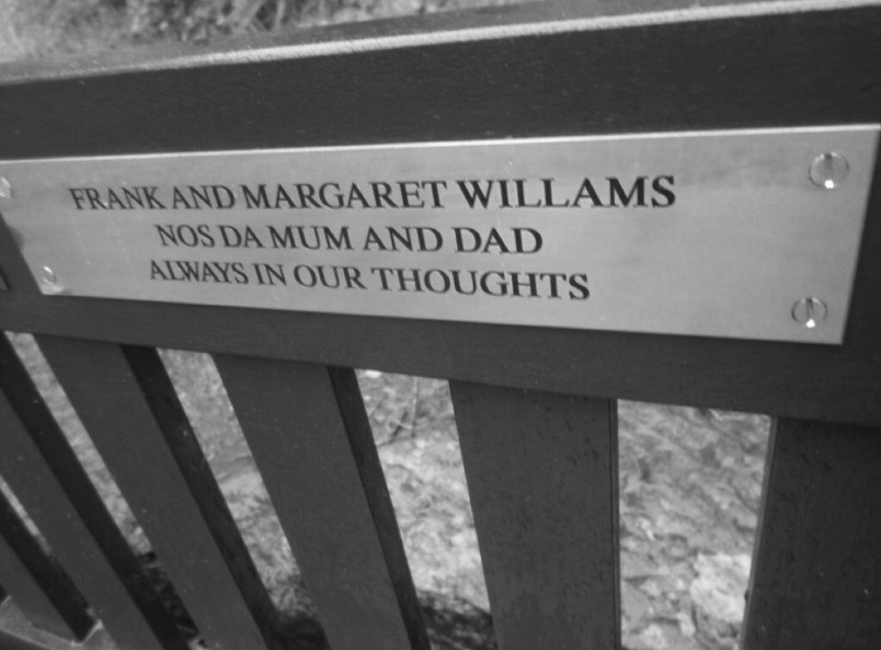 Brass memorial bench plaque reading Frank and Margaret Williams