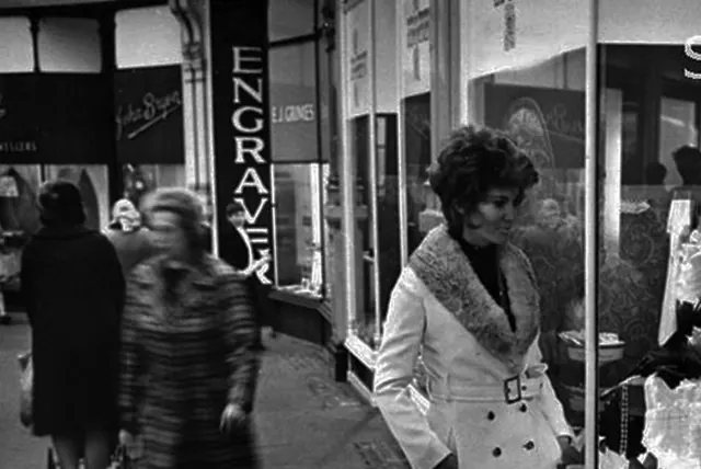 The original E J Grimes engravers shop front in Cardiff, in black and white