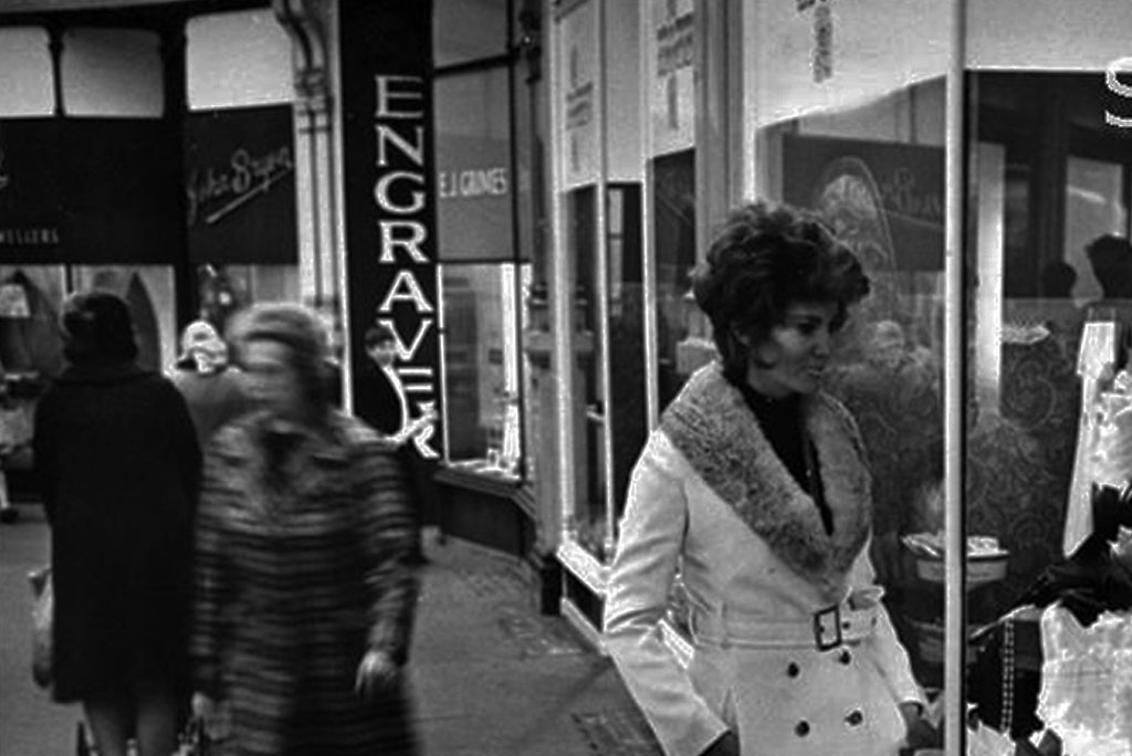 The original E J Grimes engravers shop front in Cardiff, in black and white