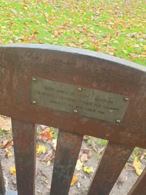 Brass memorial bench plaque that has darkened naturally after many years outdoors